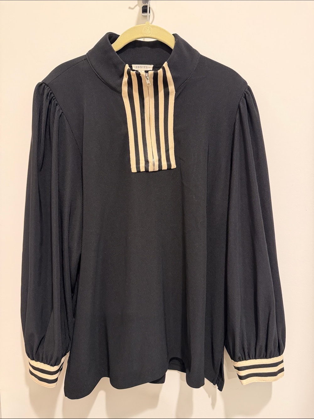 JODIFL Black Long-Sleeve Top with Cream Stripe Placket